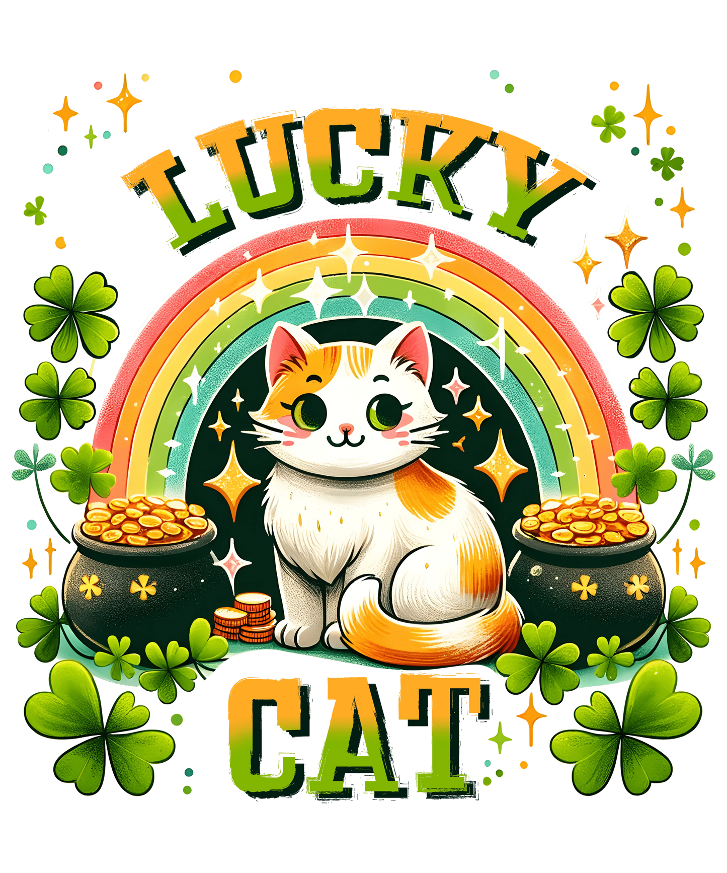 Cute Lucky Cat St. Patricks Day Design - DTF Ready To Press