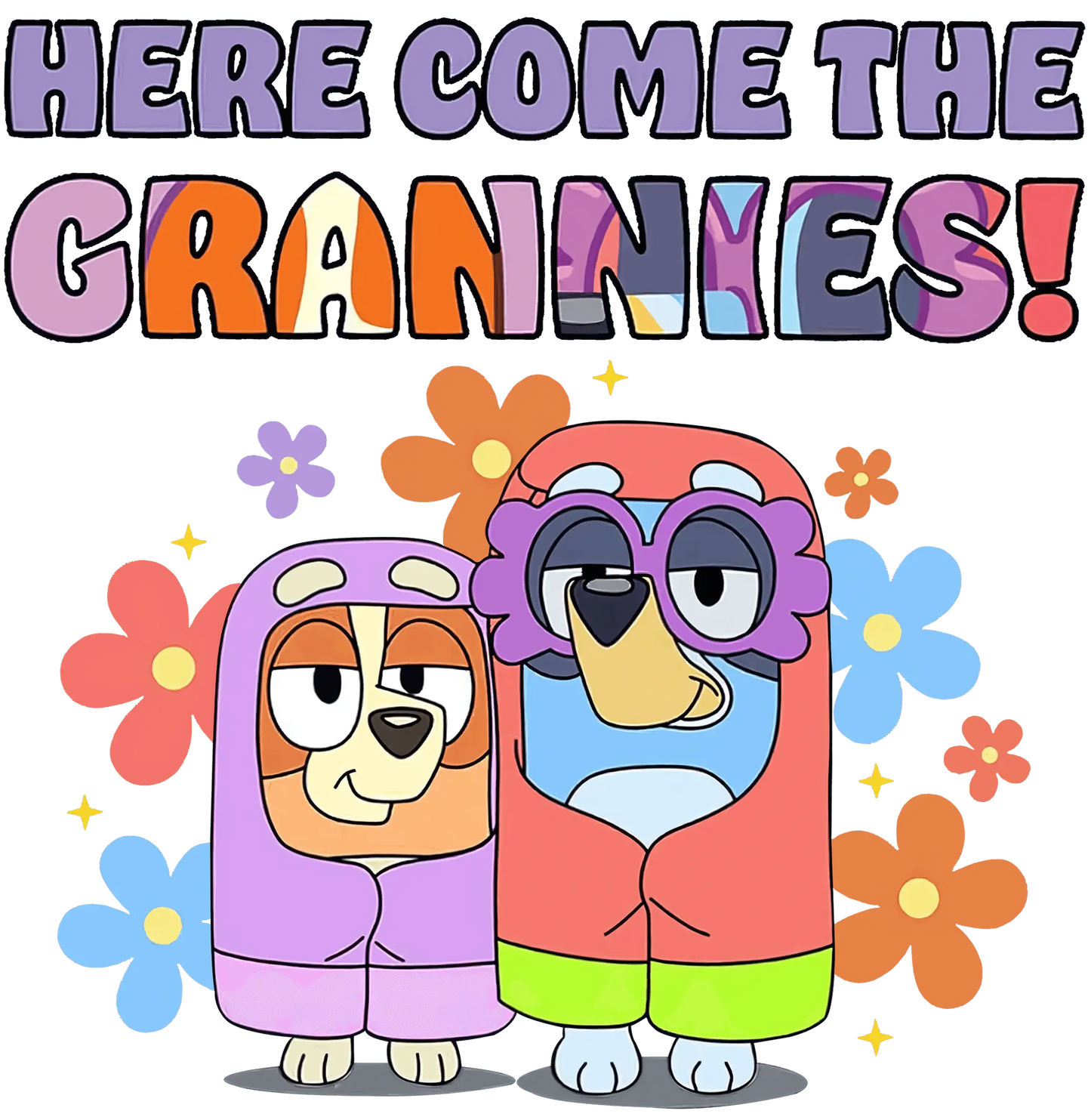 Here Come The Grannies Bluey Design - DTF Ready To Press