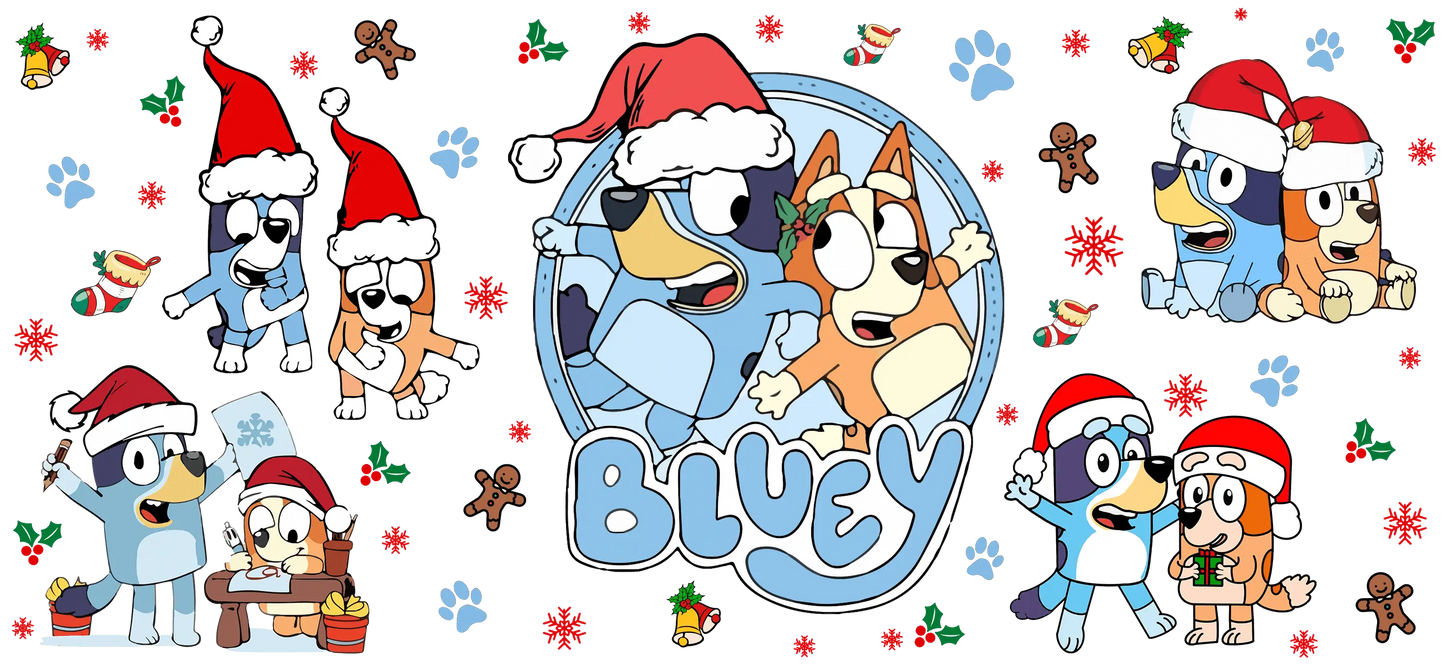 UV DTF 16 Oz Libbey Glass Cup Wrap - Festive Bluey Christmas Theme