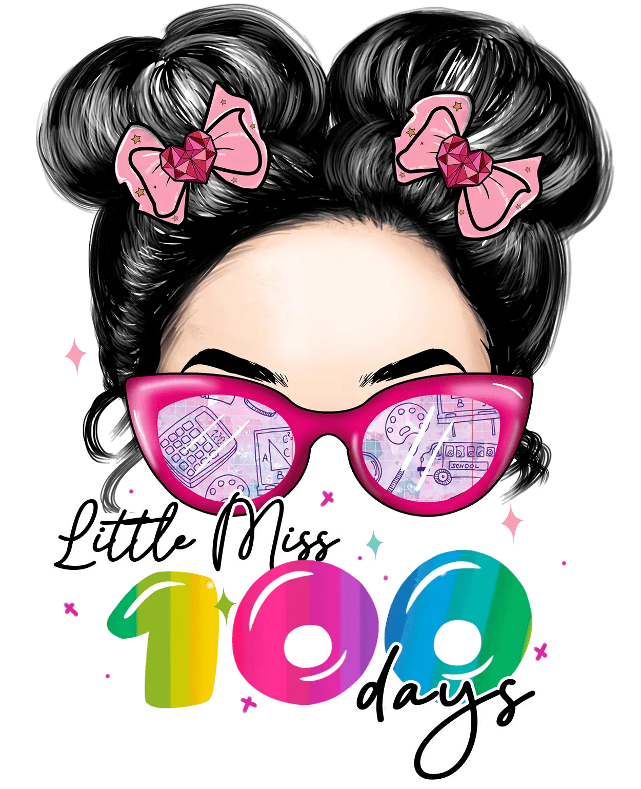 Messy Bun Hair Little Miss 100 Days Girl Design - DTF Ready To Press