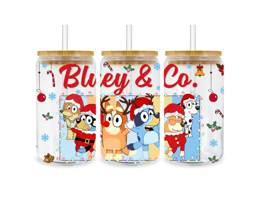 UV DTF Bluey and Co 16 Oz Libbey Glass Cup Wrap - Vibrant Design for Fans