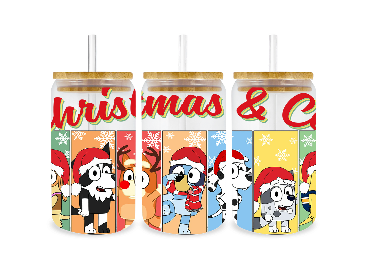 UV DTF 16 Oz Libbey Glass Cup Wrap - Festive Bluey Christmas Edition
