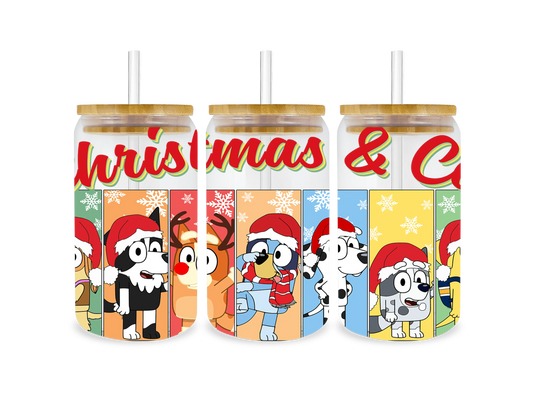 UV DTF 16 Oz Libbey Glass Cup Wrap - Festive Bluey Christmas Edition