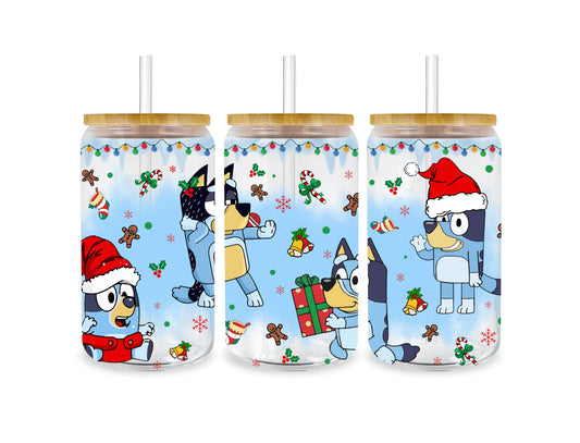 UV DTF Bluey and Present 16 Oz Libbey Glass Cup Wrap - Vibrant and Adorable Design