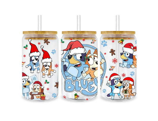 UV DTF 16 Oz Libbey Glass Cup Wrap - Festive Bluey Christmas Theme