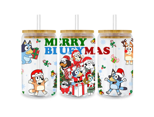 UV DTF 16 Oz Libbey Glass Cup Wrap - Festive Merry Blueymas