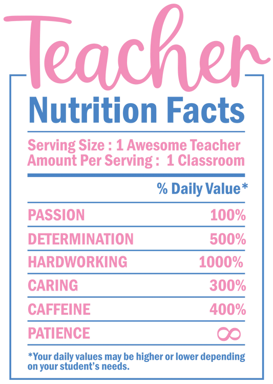 Teacher Nutrition Facts Design - DTF Ready To Press