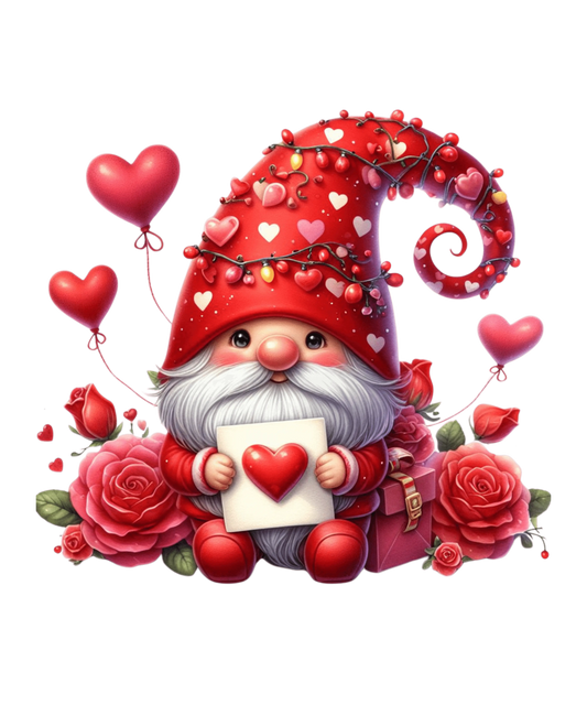 Gnome And Roses Valentine's Day Heart Design - DTF Ready To Press
